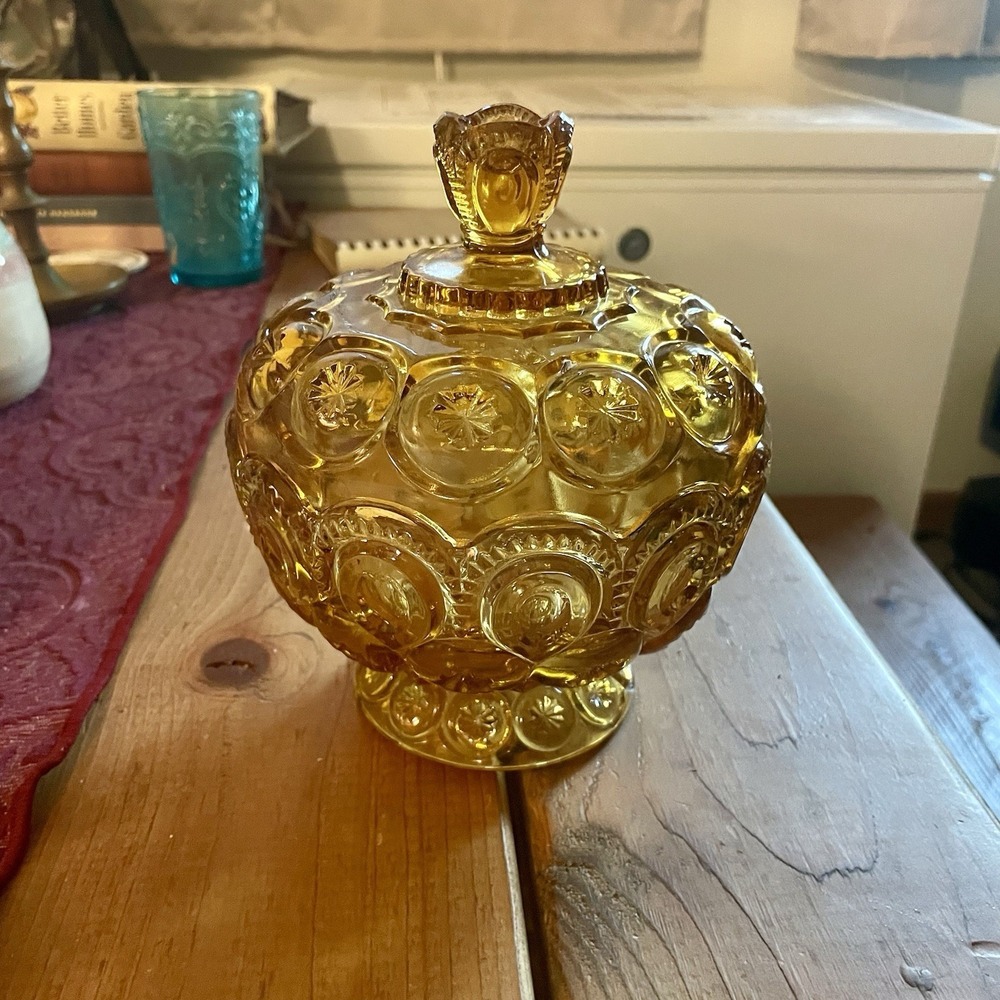 Vintage L.E. Smith Glass Moon & Stars Compote Bowl Candy Dish with Lid Amber